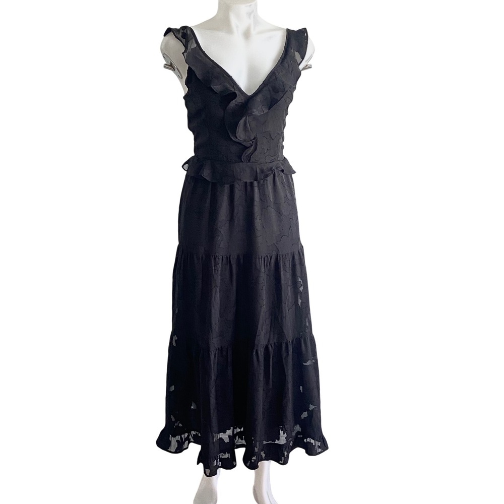 Heartloom Black Burnout Floral Ruffle Midi Dress Smocked Back Cutout Size M